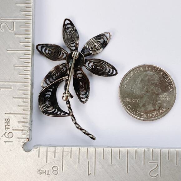 VTG Sterling Silver 925 Gemstone Brooch Mid Century Filigree Flower Black Spinel - Picture 10 of 10
